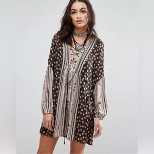 Free People Rain Or Shine Pebble Print Bohemian Floral Tunic Mini Dress Size S